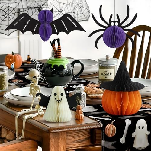 4 PCS Halloween Honeycomb Paper Decorations Set Halloween Centerpieces for Table Pumpkin Hanging Bat Ghost Ornaments Foldable Party Supplies Home Decor