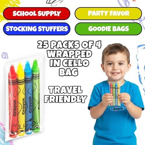 Bulk Crayons 100 Pack (25 Sets of 4) - Individually Wrapped Crayons Party Favors for Kids, Restaurants, Classrooms, Birthday Goodie Bags, School Supplies, Travel, Toddler Coloring Fun, Non-Toxic Wax