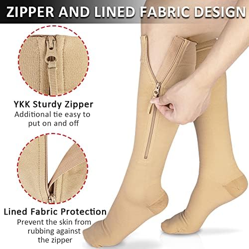 Ailaka Zipper Compression Socks Medical, 15-20 mmHg Knee High Compression Socks for Men Women, Close Toe Support Socks for Varicose Veins, Edema, Recovery, Pregnant, Nurse(Beige, Large)