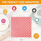 240Pcs Wax Paper Sheets for Food, 12x12 In Variety Pack Checkered Food Basket Liners, Grease Resistant Sandiwch Wrapping Paper, Festive Design Deli Sheets For Party, Fair and Outdoors Kovpnor