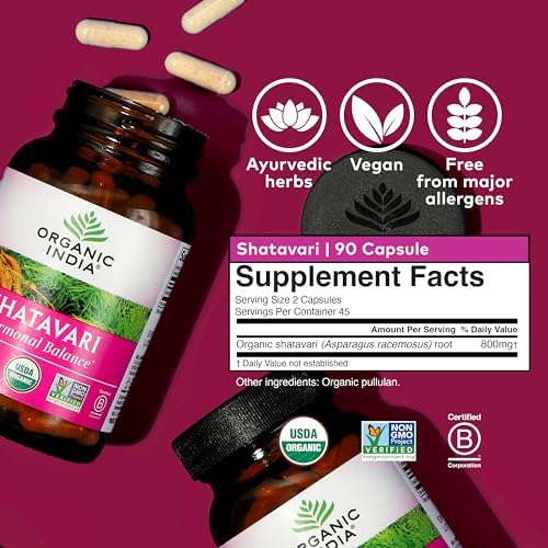 ORGANIC INDIA Shatavari Herbal Supplement - Supports Hormonal Balance, Immune and Inflammatory Response, Vegan, Gluten-Free, USDA Organic, Supports Reproductive Health - 90 Capsules