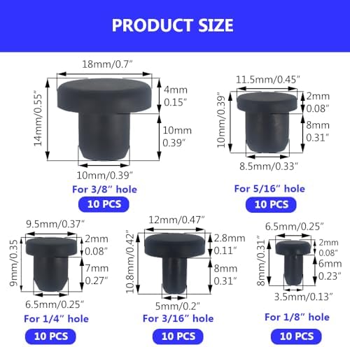 50 PCS Silicone Plugs Rubber Hole Plugs Rubber 1/8" 3/16" 1/4" 5/16" 3/8" Stopper for Round Holes Waterproof Hole End Covers Soft Flexible Stopper Sealing Plugs Pipe Holes Test Tube Plugs