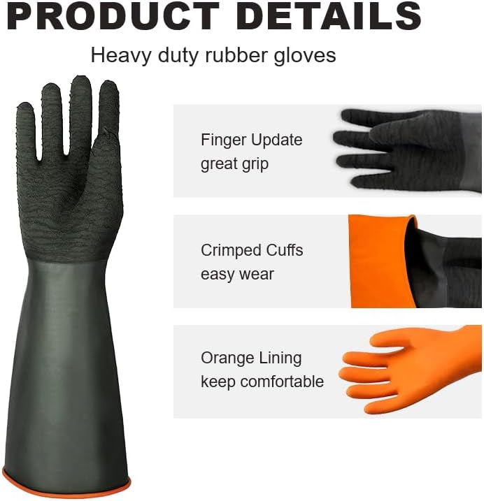 North Tower Heavy Duty Rubber Gloves, Industrial Gloves Waterproof Reusable Protective Work for Cleaning, Dishwashing, Upgraded with Non-Slip Design, Black(22in,1pair)