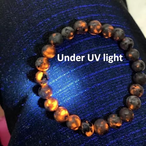Natural Yooperlite Stone Bracelet, UV Glowing Rock (Flashing Flame Under Ultraviolet) Handmade Stretch Elastic Bracelets for Women Men Yoga Meditation and Stress Relief Jewelry Gifts
