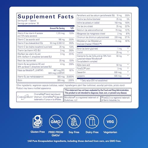 Pure Encapsulations O.N.E. Multivitamin - Once Daily Multivitamin with Antioxidant Complex Metafolin, CoQ10, and Lutein to Support Vision, Cognitive Function, and Cellular Health* - 30 Capsules