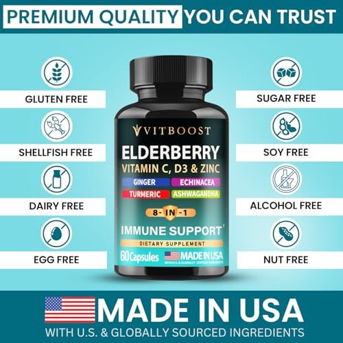 Elderberry Immune Support Supplement 8-in-1 Formula with Echinacea, Vitamin C & Zinc, Vitamin D 5000 IU, Turmeric, Ginger, Ashwagandha – 60 Capsules
