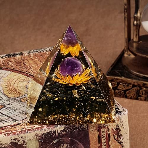 Nupuyai Healing Reiki Crystal Sphere Orgone Pyramid with Lotus and Black Obsidian Chips Stones, Stone Orgonite Energy Generator for Protection Meditation Office Home Decor, Amethyst