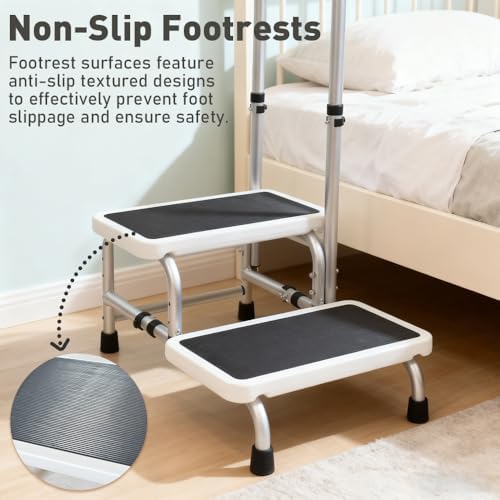2-Step Stool with 5-Height Adjustable Handrail for Elderly Adults - Aluminum Frame Step Stool with Soft Foam Handles, Non-Slip Double Steps - Bed, Bathtub, Kitchen, Car Assist