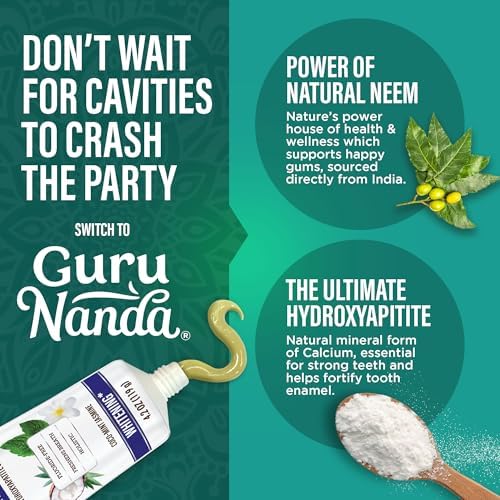 GuruNanda Hydroxyapatite Toothpaste with Neem, SLS & Fluoride Free, Whitening Toothpaste with Tongue Scraper & Squeezer - Freshens Breath, Fights Plaque - Natural CocoMint Jasmine, 4.2oz