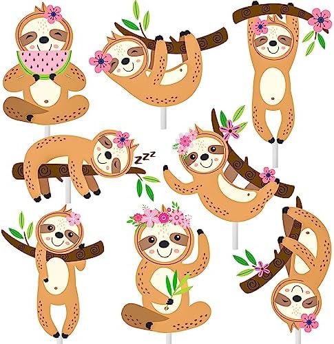 24pcs Sloth Cupcake Toppers Decorations Sloth Birthday Party Supplies Sloth Party Decorations for Kids Girls Sloth Theme Cute Animal Theme Birthday Party Wedding Baby Shower Supplies