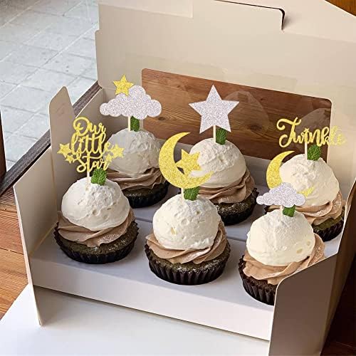 24 Pack Little Star Cupcake Toppers Glitter Moon Cloud Cupcake Picks Twinkle Star Baby Shower Kids Birthday Wedding Party Cake Decorations Supplies Gold