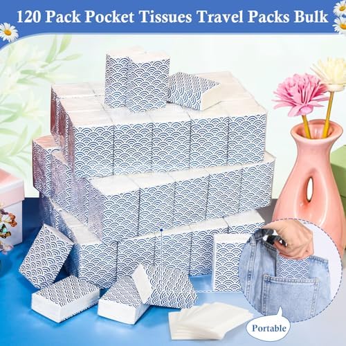 120 Pack Pocket Tissues Travel Packs 1200 Sheets Travel Size Tissue Packs 3 Ply Unscented Small Mini Individual Portable Tissue Pack with Unique Embossing for Purse Holiday Travel Party