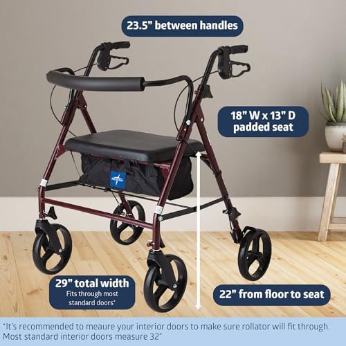 Medline Large Steel Bariatric Rollator Walker with Adjustable Handles, Padded Seat & Backrest, Burgundy, 500 lb. Weight Capacity, Foldable with Storage, 8" Wheels, Rolling Walker For Seniors & Adults