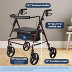 Medline Large Steel Bariatric Rollator Walker with Adjustable Handles, Padded Seat & Backrest, Burgundy, 500 lb. Weight Capacity, Foldable with Storage, 8" Wheels, Rolling Walker For Seniors & Adults