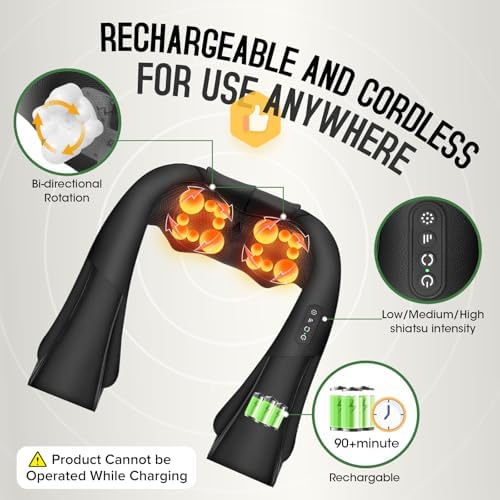 Cordless Shiatsu Neck and Shoulder Massager, Back Massager with Heat,Massage Deeper Tissue 4D Kneading Massage for Shoulder, Neck and Back, Use at Home, Office, Car - Gifts for Fathers Day Dad Gift