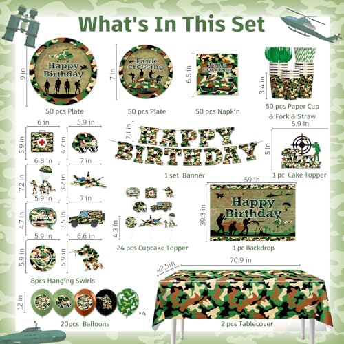 360pcs Army Birthday Party Decoration Serve 50, All-in-one Set with Camo Plates and Napkins Set, Banner, Backdrop, Tablecloth, Balloon, Cupcake Topper, for Camouflage Hunting Military Theme Party