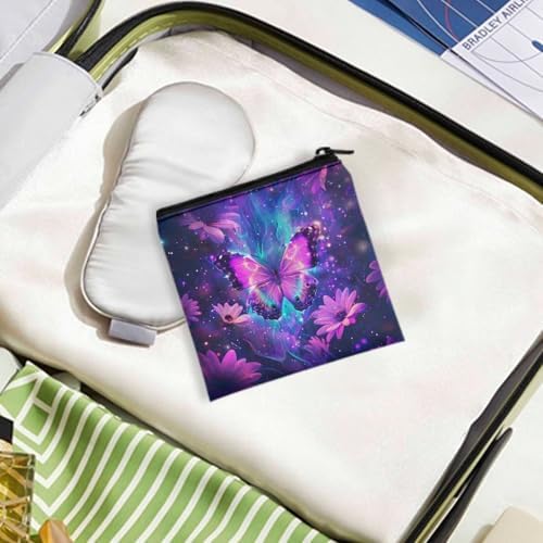 Purple Flower Butterfly Sanitary Napkin Storage Bag for Travel Zipper Period Holder Bag Portable Holder Pad for Women Teen Girls