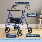 Medline Large Steel Bariatric Rollator Walker with Adjustable Handles, Padded Seat & Backrest, Blue, 500 lb. Weight Capacity, Foldable, Under Seat Storage, 8" Wheels, for Seniors & Adults