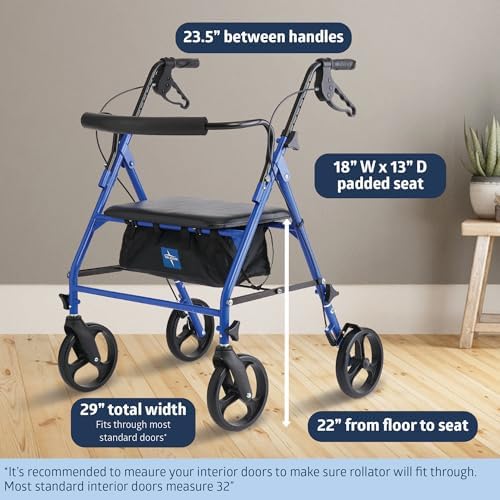 Medline Large Steel Bariatric Rollator Walker with Adjustable Handles, Padded Seat & Backrest, Blue, 500 lb. Weight Capacity, Foldable, Under Seat Storage, 8" Wheels, for Seniors & Adults