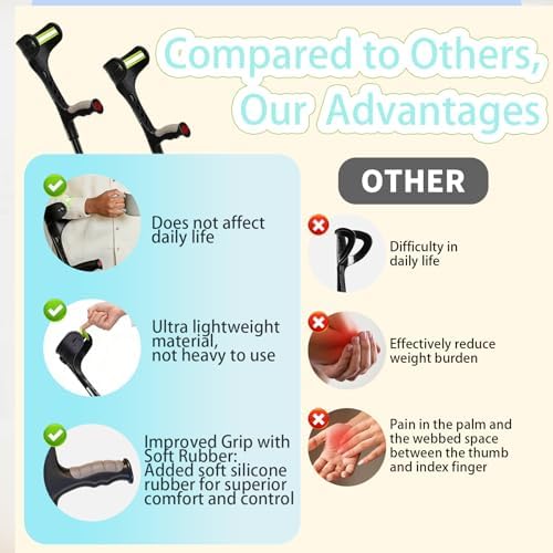 Forearm Crutches for Adults, Light Weight Folding Arm Crutch Forearm with Anti-Drop Cuff, 10 Levels Adjustable Height, Aluminum Crutches for Walking,Suitable for Men and Women