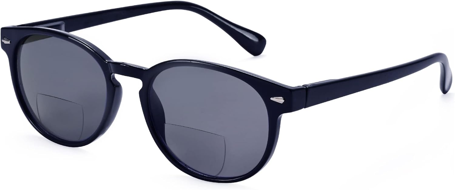 Madison Avenue Round Bifocal Reading Sunglasses for Women Men Spring Hinge,UV Protection Sun Reader Glasses (Black, 1.75)