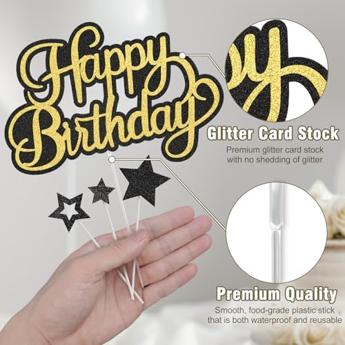 Happy Birthday Cake Toppers for Men, Black Gold Birthday Cake Topper, Glitter Cake Decorations Supplies for Birthday Party, Happy Birthday Cake Decorations