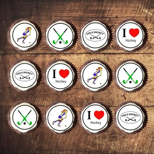 PRECUT Hockey Cupcake Toppers, Sports Theme Edible Cake Decorations, Hockey Party Decorations, Field Sports Edible Cupcake Toppers, 3cm / 1.18 Inch Wafer Card Discs (48)