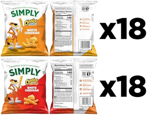 Simply, Cheetos White Cheddar Puffs & Crunchy Variety Pack, 0.875 Ounce (Pack of 36)