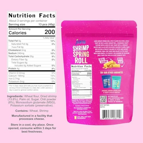Jans Crispy Asian Snacks Bites, 5.29 oz Resealable Snack Bag (6-Pack, Spicy Shrimp Spring Roll)