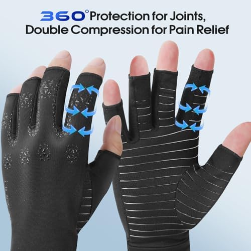 Donfri Copper Arthritis Compression Gloves for Women Men, Fingerless Gloves Carpal Tunnel Pain Relief, Hand Support Wrist Brace (XL)
