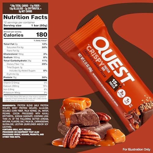 Quest Nutrition Crispy Chocolate Caramel Pecan Hero Protein Bar, 15g Protein, 1g Sugar, 3g Net Carb, Gluten Free Protein Snack, Keto Friendly, 4 Count