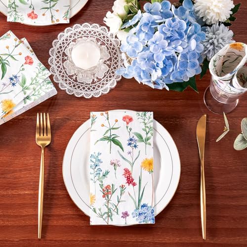 WRAPAHOLIC 25Pcs Wildflower Floral Paper Napkins - 3-Ply Guest Disposable Hand Towels for Bathroom, Bridal Shower, Wedding, Birthday, Tea Party - 4.3 x 7.9 In