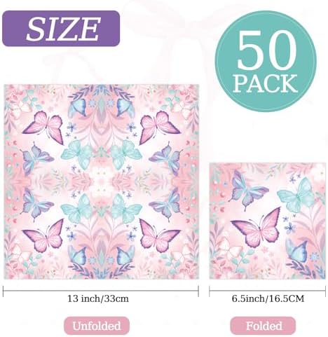 50 Pcs Butterfly Napkins 13 x 13 Inches, Butterfly Birthday Paper Napkins Butterfly Theme Supplies Disposable Cocktail Napkinsfor Kids Girl Birthday Party Decorations (Butterfly)