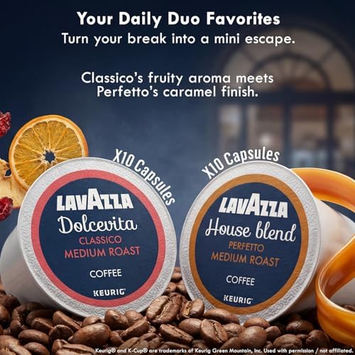 Lavazza K-Cup Coffee Pods Variety Bundle for Keurig Brewers – Light & Medium Roast, Single-Serve K-Cup Coffee Pods, 40 Count Assorted Flavors (20 Dolcevita Classico & 20 House Blend Perfetto)