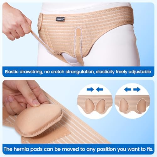 VELPEAU Hernia Belt for Men & Women - Bilateral/Double Inguinal, Groin Hernia Support Truss Underwear Briefs, Pain Relief Recovery Adjustable Strap with 2 Removable Medical Compression Pads (Khaki, M)