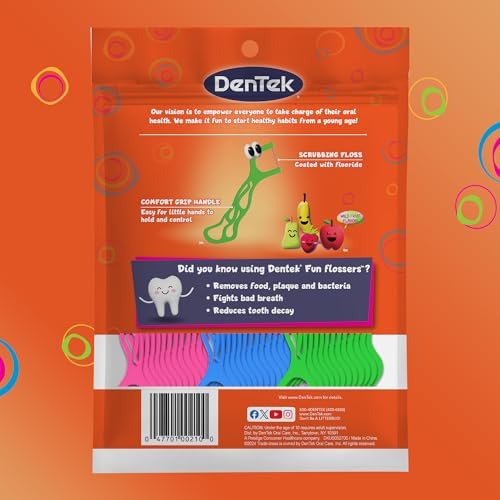 DenTek Fun Flossers – Kids Floss Picks with Wild Fruit Flavor, 75 Count, Pack of 6