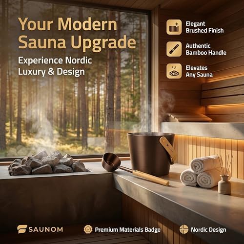 Luxury Aluminum Sauna Bucket and Ladle Set with Modern Nordic Design – Anodized Aluminum Sauna Ladle with Bamboo Handle – Rust & Heat Resistant 1.3 Gallon Bucket & 13.5 oz Ladle
