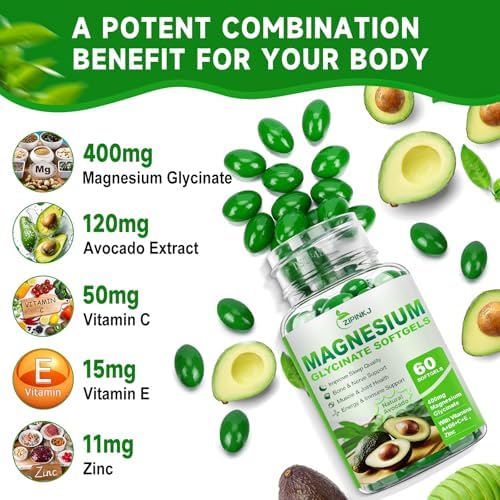 Magnesium Glycinate 400mg, High Absorption Magnesium Supplements Softgels with Vitamin E, B6, Zinc for Sleep, Calm, Muscle Relaxation & Bone Health, Gluten-Free, Non-GMO, 60 softgels