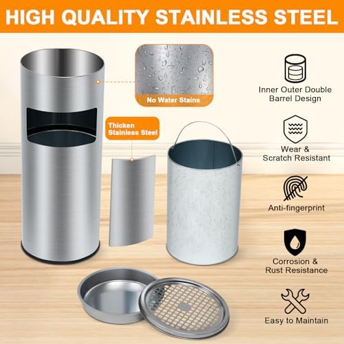GarveeHome 4.5 gal/17 L Indoor Outdoor Trash Can, Commercial Garbage Can with Removable Inner Bucket, Stainless Steel Ashtray Metal Can, Waste Bin Container with Lid for Outside Patio