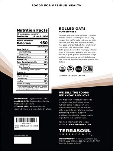 Terrasoul Superfoods Organic Rolled Oats, 5 lbs - Gluten-Free | Old-Fashioned | Whole Grain