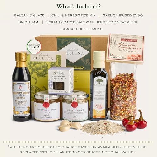 Mercato di Bellina Grill Master Gift Basket - Italian Made Caramelized Onion Jam, Seasonings, Extra Virgin Olive Oil, Black Truffle Sauce, Balsamic - Perfect Fathers Day Grilling Gift Set Dad, Husband