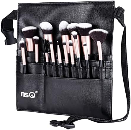 MSQ 23 Pockets Professional Cosmetic Makeup Brush Bag with Adjustable Artist Belt Strap Multi Pockets PU Leather Portable Cosmetic Brush Holder Organizer (Brush Not Included)