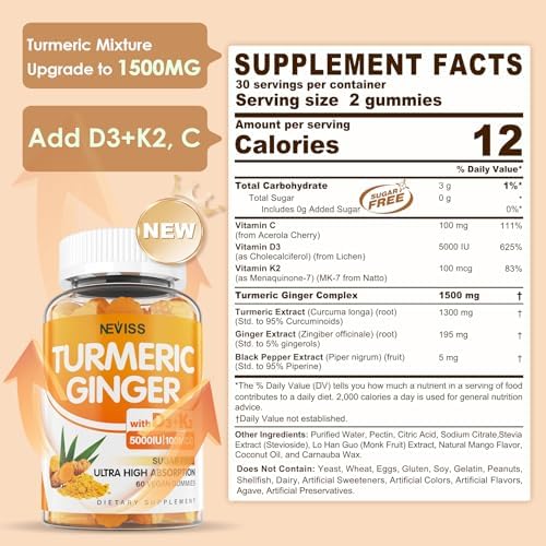 Turmeric and Ginger Gummies Supplement 1500mg w/Vitamin D3 5000 IU, K2 (MK7) & Black Pepper, Sugar Free Vegan Ginger and Turmeric Curcumin Supplements Gummy for Bone, Immune & Digestive Health, 120ct