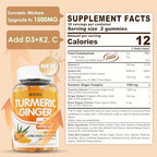 Turmeric and Ginger Gummies Supplement 1500mg w/Vitamin D3 5000 IU, K2 (MK7) & Black Pepper, Sugar Free Vegan Ginger and Turmeric Curcumin Supplements Gummy for Bone, Immune & Digestive Health, 120ct