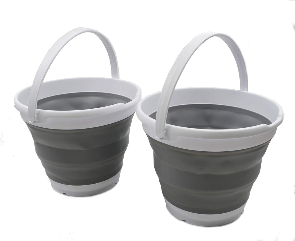 SAMMART 10L (2.6 Gallon) Collapsible Plastic Bucket - Foldable Round Tub - Portable Fishing Water Pail - Space Saving Outdoor Waterpot. Size 31cm Dia (White/Grey (Set of 2))