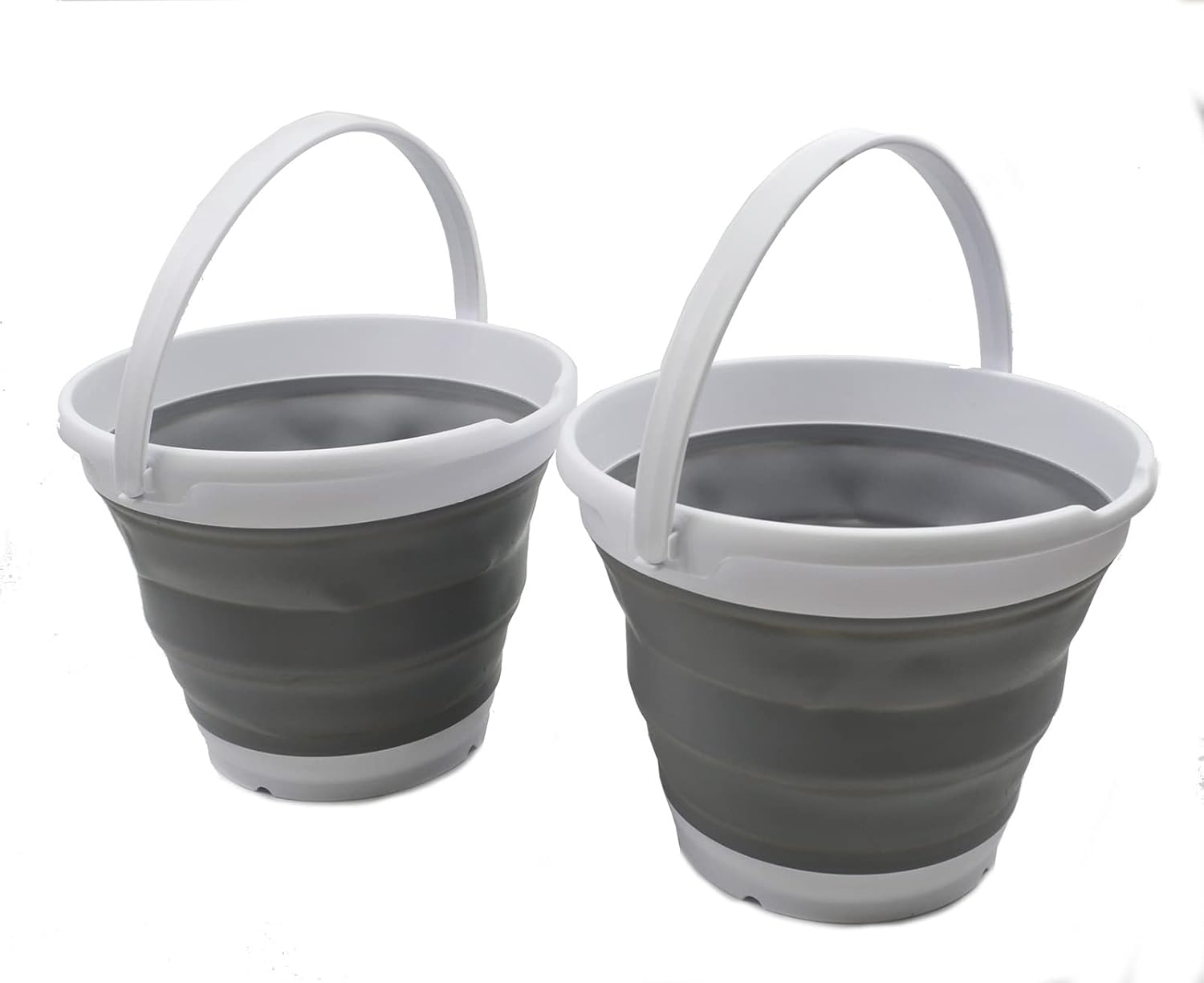 SAMMART 10L (2.6 Gallon) Collapsible Plastic Bucket - Foldable Round Tub - Portable Fishing Water Pail - Space Saving Outdoor Waterpot. Size 31cm Dia (White/Grey (Set of 2))