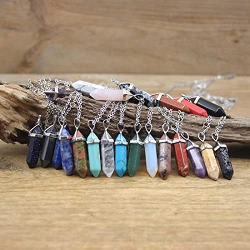 Natural Stone Hexagonal Point Pendants Necklaces Crystal Quartz Fluorite Lapis Bullet Pendulum Chakra Jewelry,绿色绿松石