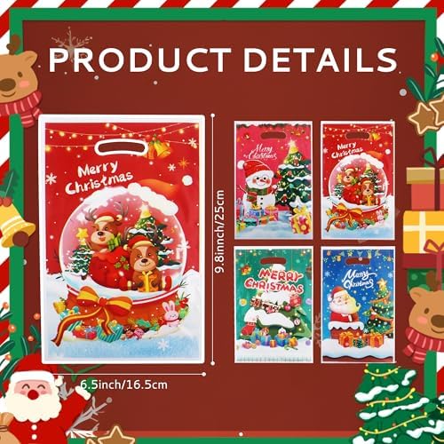 Christmas Gift Bags with Handles - 50 Pcs Christmas Treat Bags, Xmas Goodie Bags Bulk Plastic Snowman Small Candy Goody Cookie Snack Favor Tote Bag for Winter Xmas Holiday Party Favors Supplies