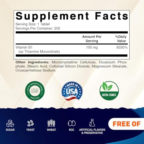 Vitamatic Vitamin B1 (As Thiamine Mononitrate) 100mg – 250 Vegetarian Tablets - 2 Pack Supports Energy Production, Nervous System Function & Heart Health*