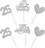 24 PCS 25th Anniversary Cupcake Toppers Glitter Heart 25 Silver Wedding Anniversary Cupcake Picks Cheers to 25 Years Cake Decorations for Happy 25th Wedding Anniversary Party Supplies